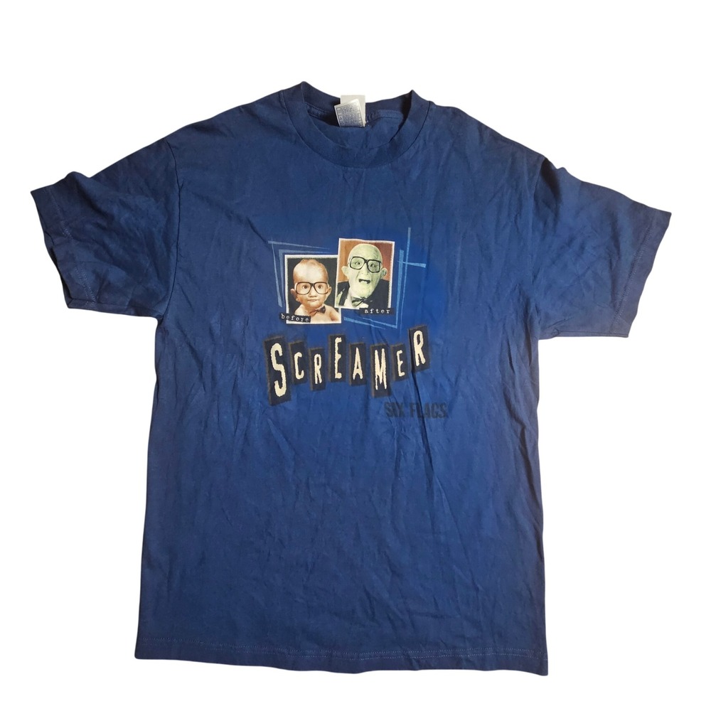 Six Flags Screamer Mr Six Before After Graphic T-Shirt L Cotton 90s Grunge Y2K